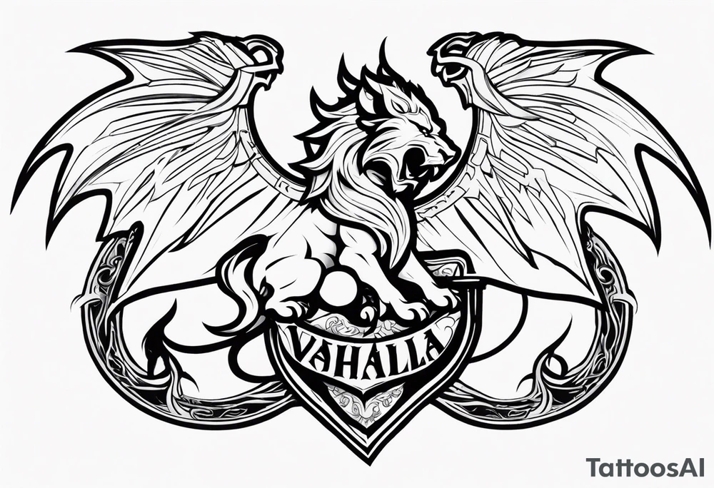 Valhalla sword shield dragon lion tattoo idea