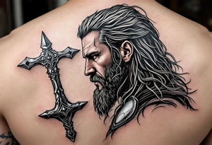 A side profile of Thor with a cracked Mjölnir beside him, symbolizing his journey of loss and growth, in black and grey realism with silver detailing. tattoo idea