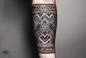 male forearm tribal tattoo with slavic ornaments, symbols and a black stripe 4 cm wide around the whole forearm tattoo idea