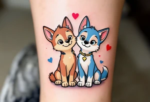 Chase and Skye standing side by side, with their paws intertwined in a symbol of teamwork. The background has a light sky blue and soft pink gradient with subtle hearts floating around them. tattoo idea