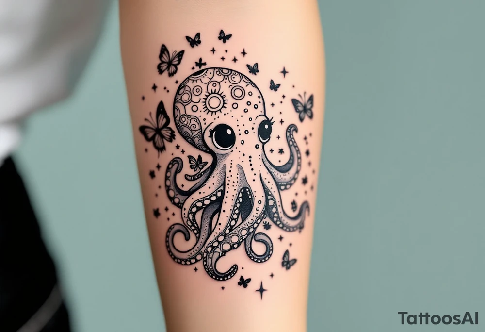 cute octopus, friendly, surrounded by butterflies and oceanic items, brown ink tattoo idea