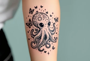 cute octopus, friendly, surrounded by butterflies and oceanic items, brown ink tattoo idea