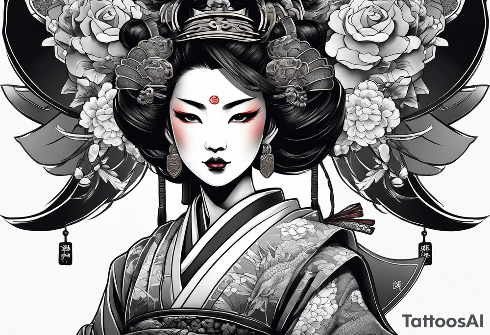 geisha in samurai armor, wearing an odashi in her hand and an oni mask on her belt, with a dragon in the background tattoo idea