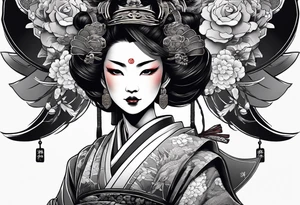 geisha in samurai armor, wearing an odashi in her hand and an oni mask on her belt, with a dragon in the background tattoo idea