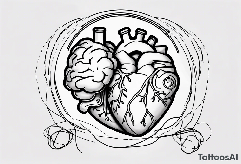 A simple line design anatomical heart and anatomical brain tied with balloon string being held by a woman's hand tattoo idea