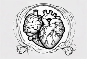 A simple line design anatomical heart and anatomical brain tied with balloon string being held by a woman's hand tattoo idea