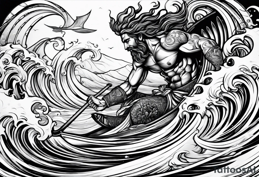 Poseidon im Meer mit windsurfer im hintergrund tattoo idea
