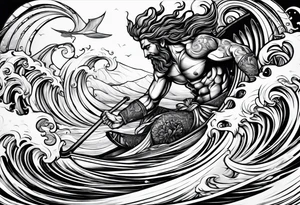 Poseidon im Meer mit windsurfer im hintergrund tattoo idea