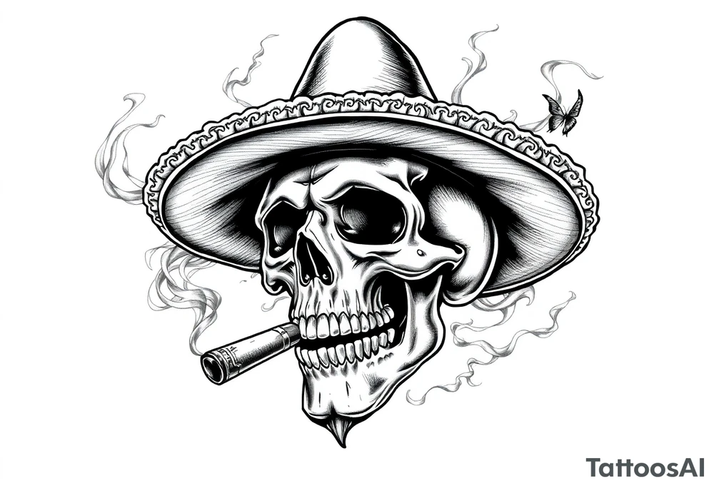 A skull with a sombrero and cigar, surrounded by swirling smoke. tattoo idea