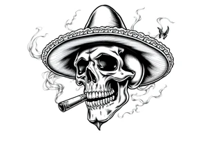 A skull with a sombrero and cigar, surrounded by swirling smoke. tattoo idea