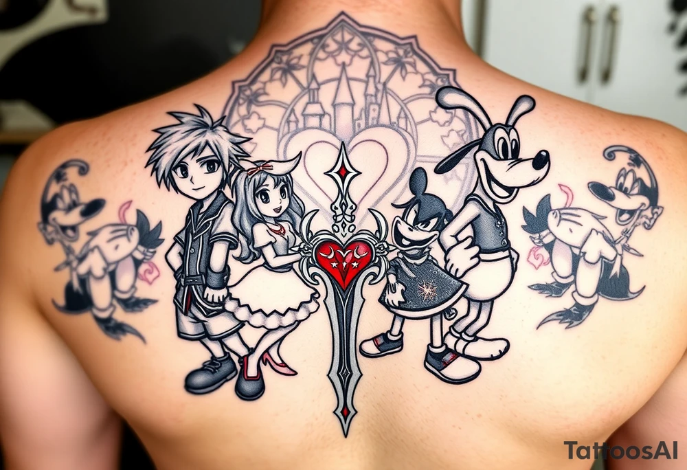 custom Kingdom Hearts tattoo design featuring Sora, Kairi, Riku, Donald, and Goofy together in a dynamic, united pose. The centerpiece should include the Heartless Keyblade, with a beautiful and ethereal Kingdom Hearts-inspired background—think glowing stars, floating islands, and stained-glass elements. The design should capture themes of friendship, light vs. darkness, and adventure. Style should be detailed, fantasy-oriented, and suitable for a large piece (like an upper arm sleeve or back piece).” tattoo idea