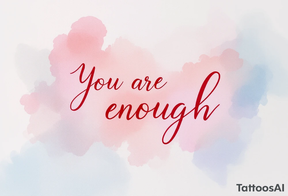 “You are enough” in dusty rose with a faint watercolor background of pastel blues and pinks. tattoo idea