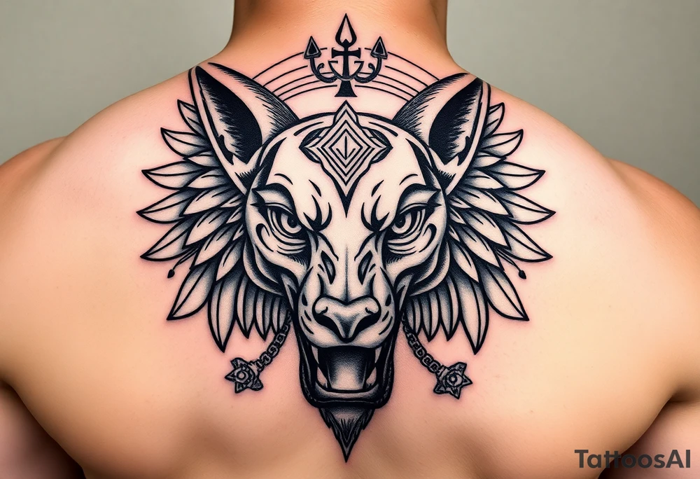 Egyptian Anubis god powerful face muscle in Egypt style dog face surrounded Egyptian symbols based on five elements tattoo idea