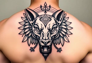 Egyptian Anubis god powerful face muscle in Egypt style dog face surrounded Egyptian symbols based on five elements tattoo idea