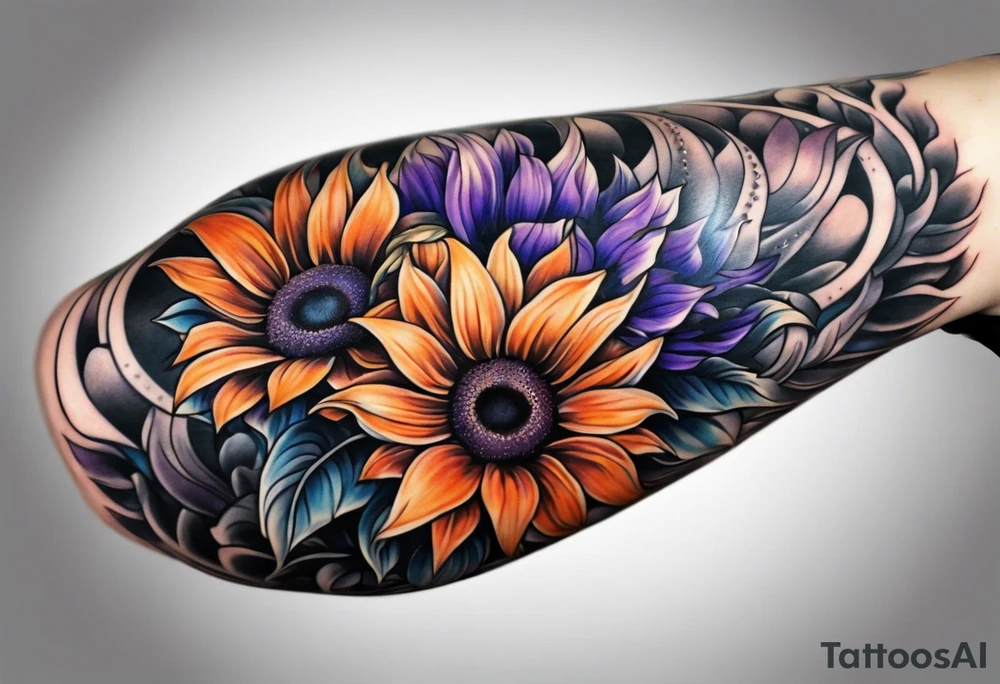 Full arm sleeve with purple, orange and blue sunflowers tattoo idea