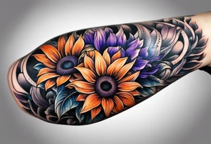 Full arm sleeve with purple, orange and blue sunflowers tattoo idea