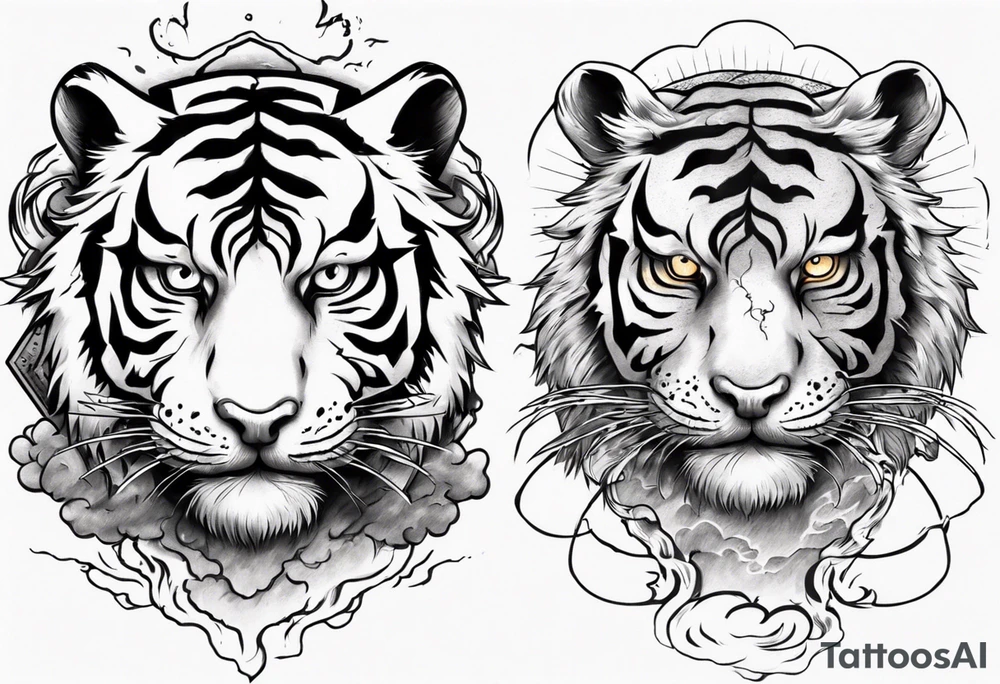 Tiger with lightning and the sun in the background for a sleeve tattoo tattoo idea