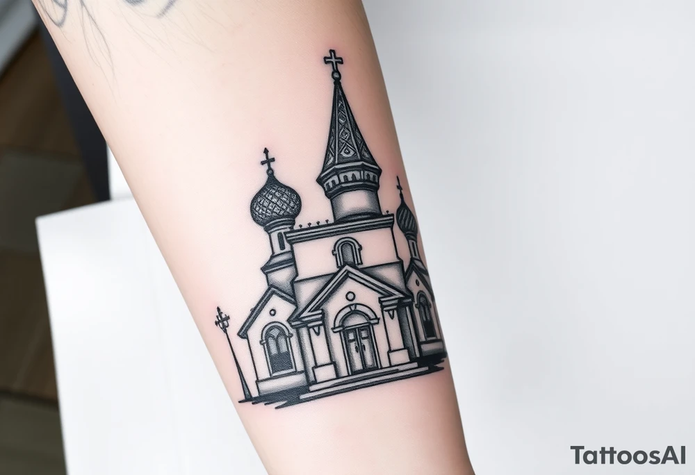 in a dorsal view a detailed medium sized country style orthodox church with onion domes and a band at the front with mist shrouding the top and fading into a virgin mary overlooking above at the top tattoo idea