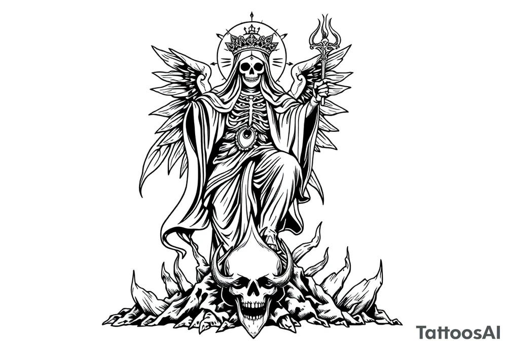 Magnificent Santa muerte rising out of the ashes of hell to claim a soul tattoo idea