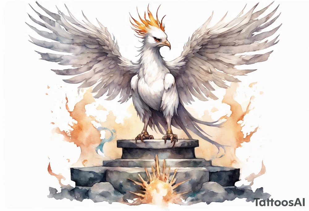 a white phoenix wearing a plain iron diadem, standing on a stone throne tattoo idea