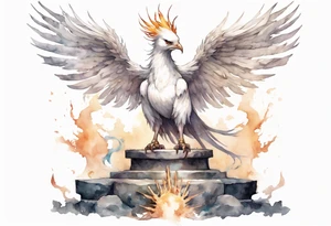 a white phoenix wearing a plain iron diadem, standing on a stone throne tattoo idea