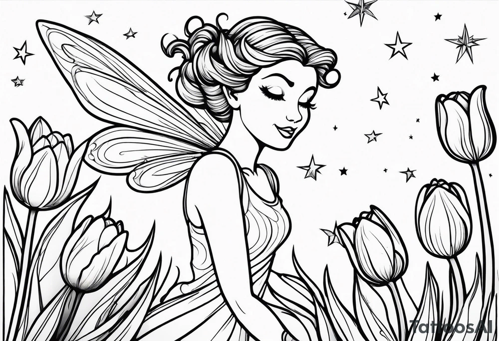 a fairy flying into a tulip with stars in the sky tattoo idea