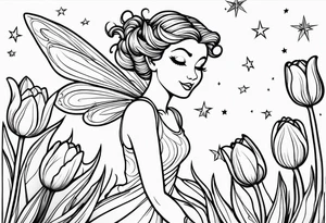 a fairy flying into a tulip with stars in the sky tattoo idea