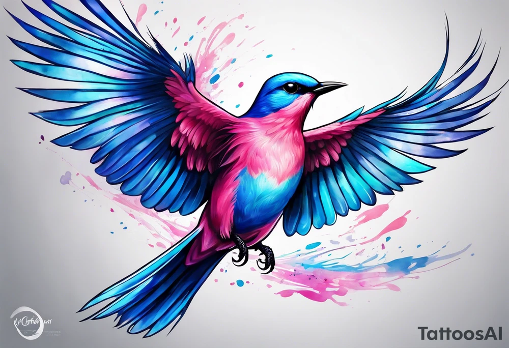 pink and blue bird in flight tattoo idea