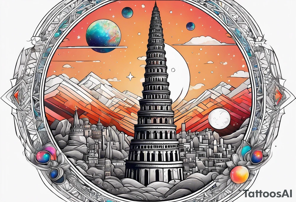 Babel tower with a cosmic background tattoo idea