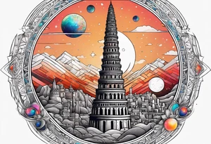 Babel tower with a cosmic background tattoo idea
