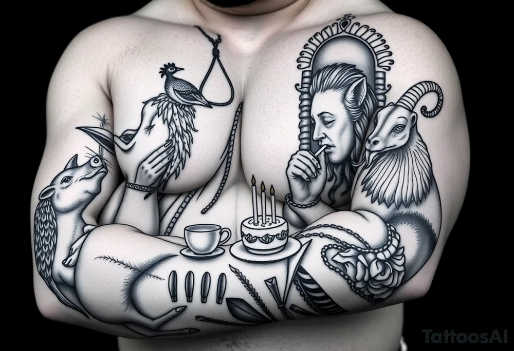 Sexy naked fat lady having a tea party with a pig, peacock, noose, lion, goat, smoking cigerettes looking in the mirror having sex with a man eating a cake tattoo idea