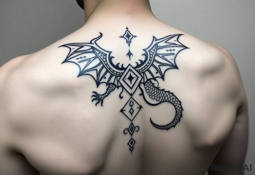 A symbolic back tattoo featuring a creative mystic tribal-style dragon, incorporating Amazigh (Berber) symbols for strength, freedom, and identity. The design should reflect themes of transformation, grounding, and soul direction, resonating with a journey of inner rebirth and spiritual embodiment. Style: fine linework, sacred geometry, tribal influence, and dotwork. Ink: black or dark brown. tattoo idea