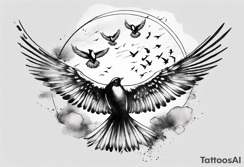 shoulder tattoo with light rays with birds flying free among the clouds, round shape, 3d effect tattoo idea shoulder tattoo with light rays with birds flying free among the clouds, round shape, 3d effect tattoo idea