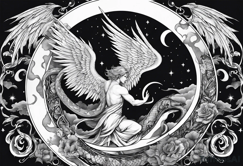 Lucifer (half male angel and half snake) wraps the moon in the sky tattoo idea