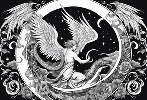 Lucifer (half male angel and half snake) wraps the moon in the sky tattoo idea