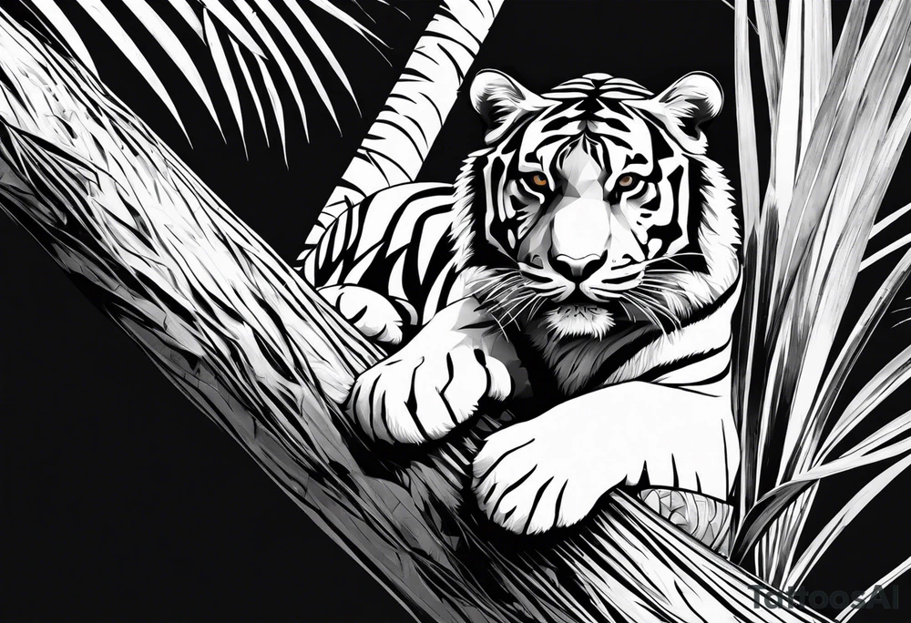 tiger laying on palm tree tattoo idea