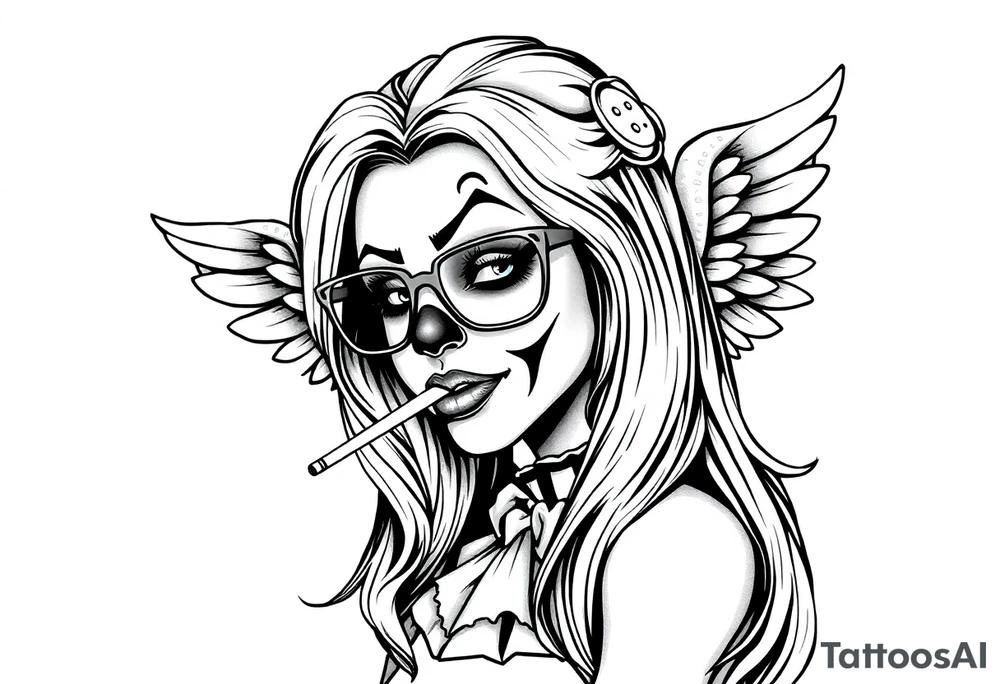 beautiful long hair Clown Girl thug eyeglasses angel wings smoking cigarette tattoo idea