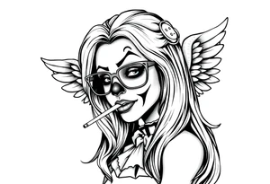beautiful long hair Clown Girl thug eyeglasses angel wings smoking cigarette tattoo idea