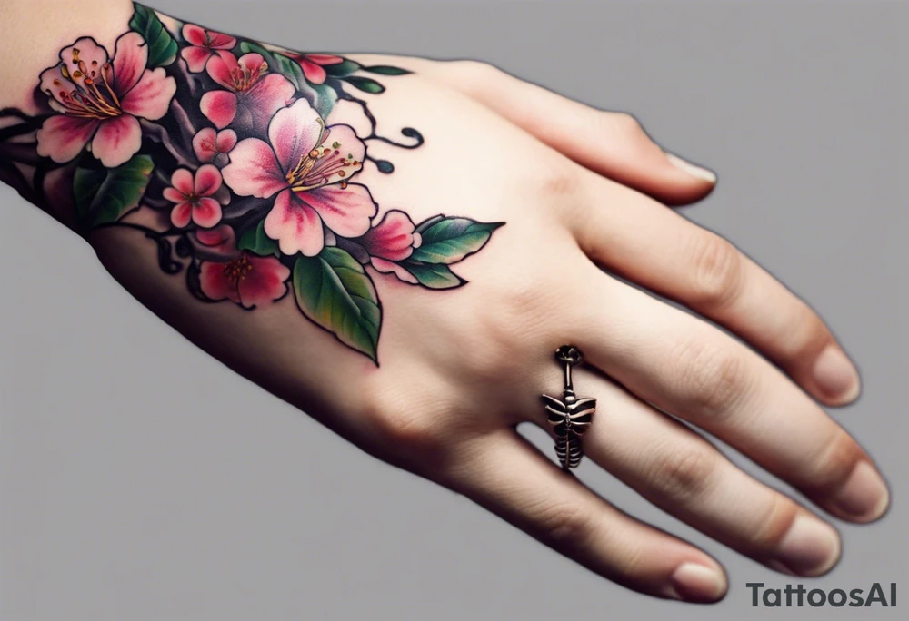 i have a human hand pointing at a skeleton hand tattoo on my left shoulder, the human hand is on the left and ends 3 cm into the wrist of the hand, i want a cherry blossom branch to sprout out of the wrist on the tattoo, then travel down to my arm and wrap around my bicep once, this bit can be floral, then it needs to narrow down and fit through a 7 cm gap in on my forearm then eventually ending in a 10 cm gap on my wrist, this gap can be filled with more blossom flora, this tattoo needs to go all the way down my arm so it needs to be long, the tattoo will start at my shoulder and go all the way down my arm tattoo idea