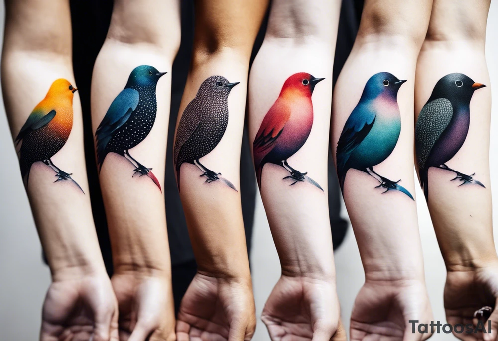 Seven small, colorful birds tattoo idea