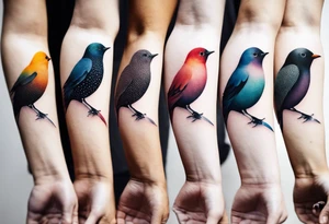 Seven small, colorful birds tattoo idea