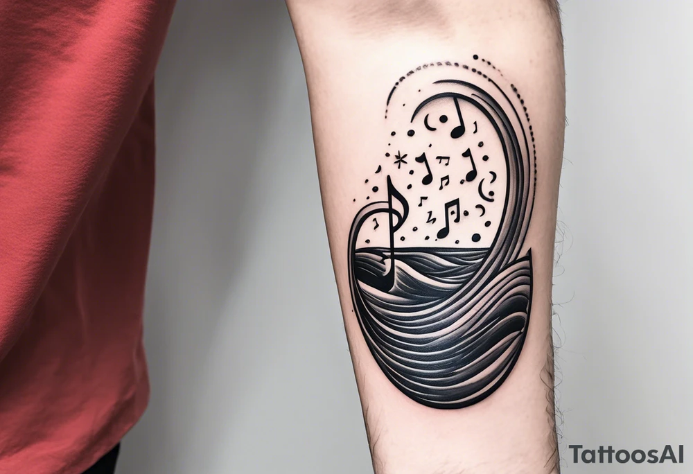 lots of empty space with simple line of icons down the back of the arm. there are four icons in this order:

1. a music note on a staff
2. a wave of water
3. a pocket
4. mushroom tattoo idea