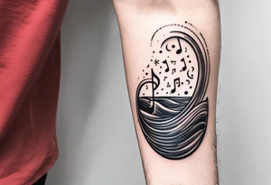 lots of empty space with simple line of icons down the back of the arm. there are four icons in this order:

1. a music note on a staff
2. a wave of water
3. a pocket
4. mushroom tattoo idea