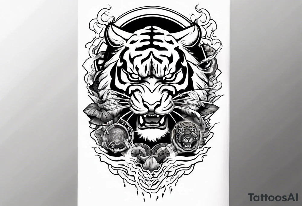 tiger warrior with lightning and the sun for a forearm sleeve tattoo idea