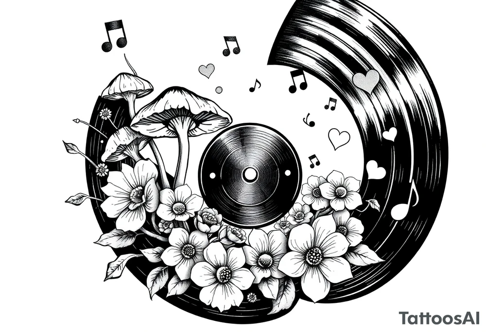 vinyl record with mushrooms, flowers, hearts, and music notes tattoo idea