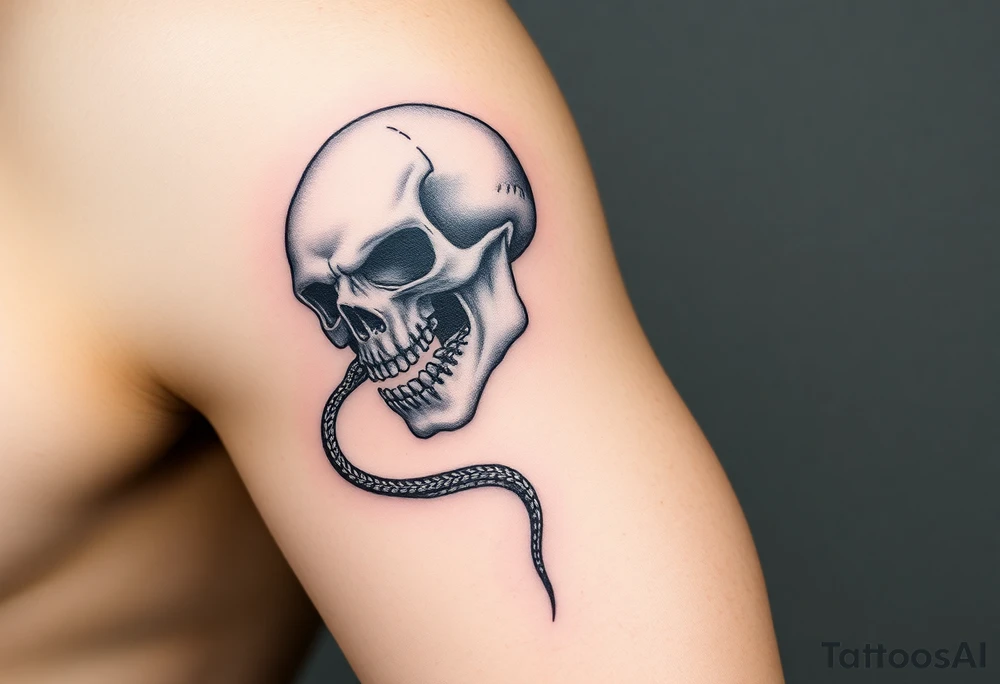 A hyper-realistic Dark Mark, with the snake slithering out of the skull’s open mouth, coiled in a hypnotic pose tattoo idea