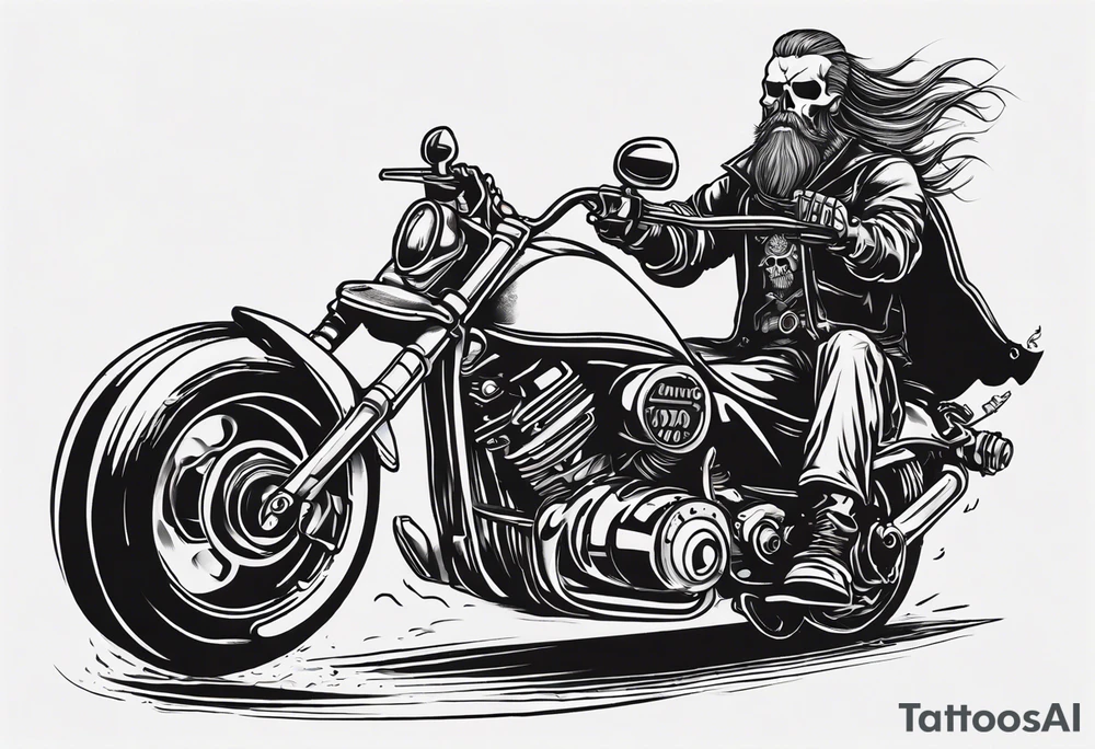 i want a tattoo of a motorcycle from the front view being ridden into the distance by a skeleton and the number plate to say “Viking Customs” tattoo idea