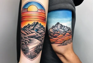 Forearm tattoo with southwest landscape and hikers tattoo idea