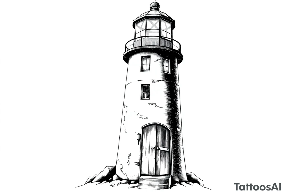Lighthouse with beams of light with a few windows and an old door with tattoo idea