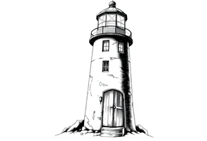 Lighthouse with beams of light with a few windows and an old door with tattoo idea